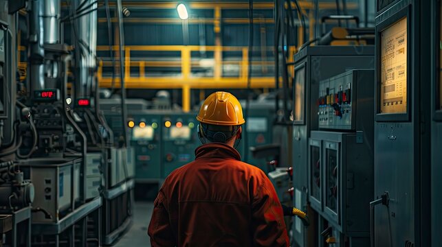 electrican at the work, close up ofa worker with helmet at the workstation