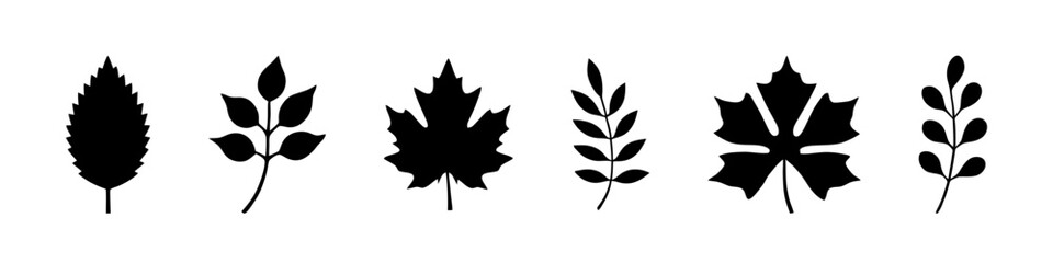 Leaves silhouettes set. Various tree foliage collection. Vector illustration.