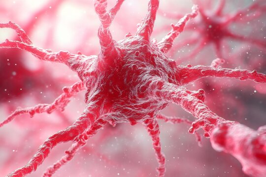 illustration of neurons featuring red neural paths on a soft pink background