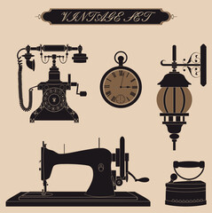 Retro set of old items, phone, lamp, iron, clock.