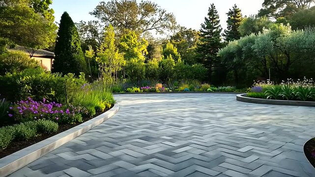 Light gray concrete pavers arranged in a herringbone pattern, bordered by natural stone edging and surrounded by colorful perennials.