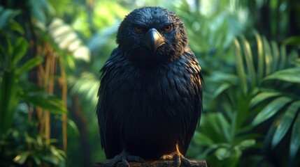 Fototapeta premium Angry crow jungle portrait, sunlit leaves