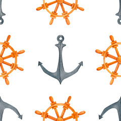 A seamless pattern featuring anchors and ship wheels, painted in watercolor strokes, evoking the spirit of the sea. Perfect for invitations, travel-themed projects, and nautical decor.