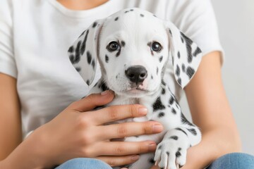 A cute Dalmatian puppy sitting comfortably in a person's lap with a gentle gaze.