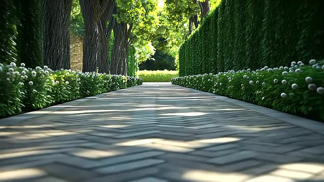A landscaped walkway of concrete pavers in a classic herringbone pattern, surrounded by ivy-covered walls and flowering vines.