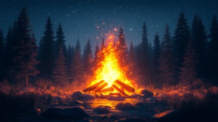 Cozy Minimalistic Campfire Clip Art Illustration Perfect for Outdoor and Nature Concepts