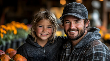 Obraz premium Farmer and daughter smiling at farmers market
