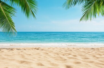Tropical beach with palm fronds and clear blue sky