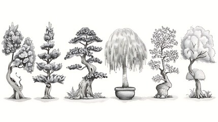 Fototapeta premium A series of doodles illustrating different kinds of trees: pine trees, oak trees, palm trees, cherry blossoms, and bonsai trees, with intricate and imaginative patterns