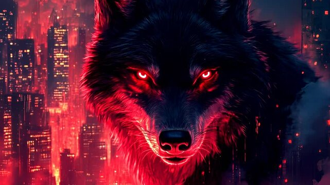 Fiery Wolf in a Cyberpunk Cityscape