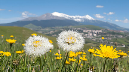 Fototapeta premium Dandelion seed heads and yellow wildflowers bloom in a green mountain meadow under a blue sky with snow-capped peaks.
