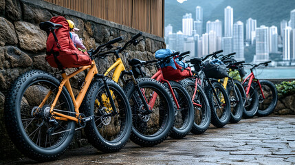 Fat bikes parked near city skyline, urban cycling adventure