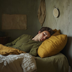 Resting young man cozy bedroom portrait photography tranquil environment close-up view serenity and comfort in daily life