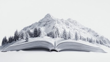 Engadin Valley breathtaking winter wonderland springs to life from the top of an open book. Pure white background.