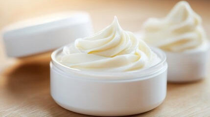Palm oil shea butter. Moisturizing cream in a white jar with a smooth texture.
