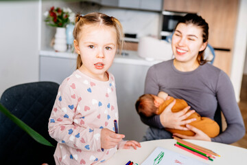 Cheerful family of three, toddler girl with drawing, mother with infant baby on her arms sitting at table at cozy kitchen at home. Creativity, family closeness concept.