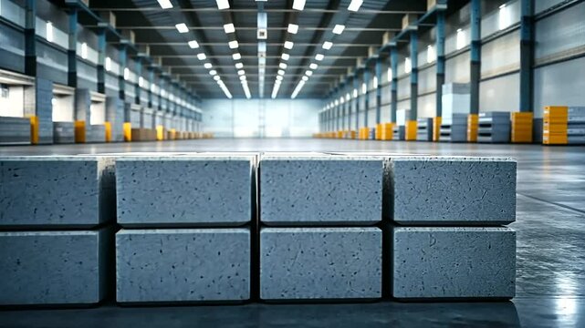 Hollow concrete blocks arranged in uniform stacks on a concrete floor, with a blurred industrial warehouse in the background.