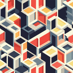 Seamless vector isometric 3D pattern. Colorful cubes and prisms in isometric perspective resemble weird random construction, urban style. Repetitive pattern with no seams