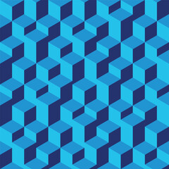 Seamless vector isometric 3D pattern. Blue cubes and prisms in isometric perspective in random hight stairs pattern. Repetitive pattern with no seams