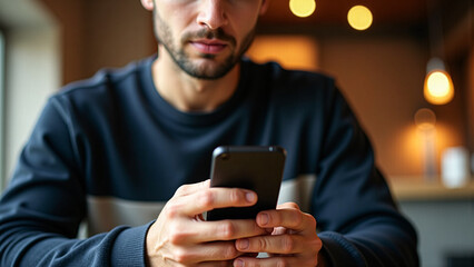 Man Using Smartphone in a Cozy Café with Warm Lighting