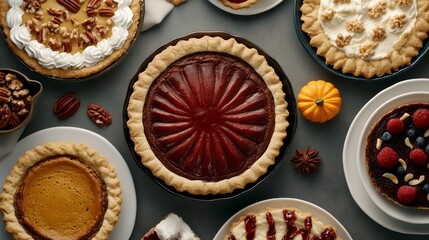 A delicious variety of festive pies with different toppings and decorations, perfect for celebrations and gatherings