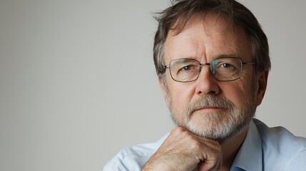 Fototapeta premium a portrait of an older man wearing glasses and a blue shirt and tie with his hand on his chin 