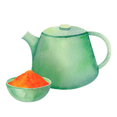 Green teapot alongside bowl with orange petals from flowers like safflower, marigold, and chrysanthemum. This watercolor illustration is perfect for herbal teas and organic products.
