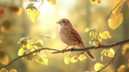 Bird perched on branch, sunlight, autumn leaves, forest background, nature photography
