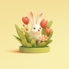 Realistic cute bunny in flowers, 3D. Daisies, tulips, green grass. Spring scene for advertising concepts. Vector