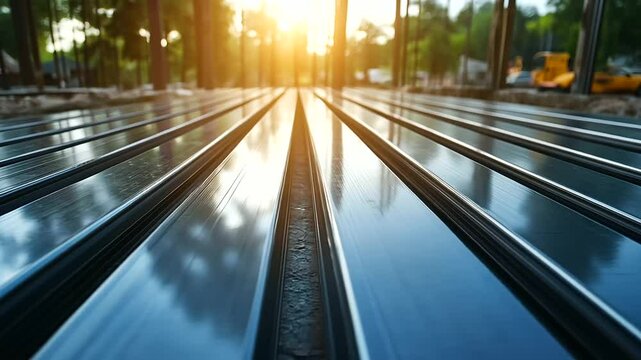 Polished steel beams arranged in parallel lines, their reflective surfaces gleaming under the midday sun at an urban construction site.