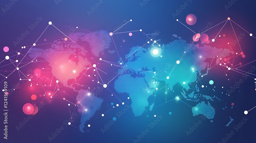Wall mural global network connection, world map with glowing nodes and lines.