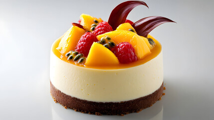 Mango and passion fruit cheesecake topped with tropical fruits and a hint of vanilla.Mango and passion fruit cheesecake topped with tropical fruits and a hint of vanilla.