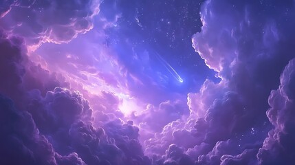 Fototapeta premium A Shooting Star Streaks Through Purple Clouds and a Starry Night Sky