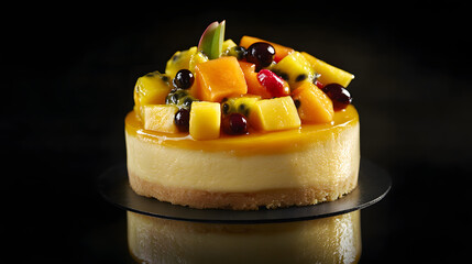 Mango and passion fruit cheesecake topped with tropical fruits and a hint of vanilla.Mango and passion fruit cheesecake topped with tropical fruits and a hint of vanilla.