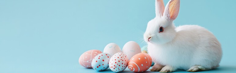 Obraz premium A cute white rabbit sitting next to a pile of painted Easter eggs, soft pastel blue background