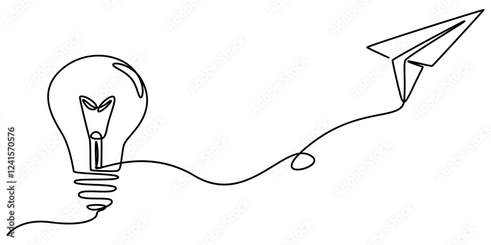 Poster Paper plane flying up connected with light bulb in one continuous line drawing. Airplane in outline style. Startup business idea concept with editable stroke. Vector illustration, pro vector on white.