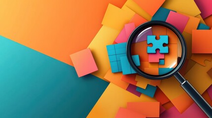 A colorful arrangement of squares and a magnifying glass highlighting a puzzle piece, creating a playful and creative visual.