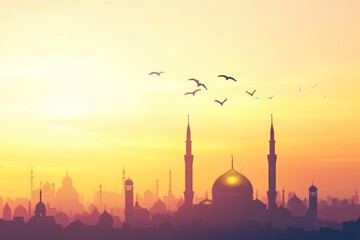 Fototapeta premium Majestic Mosques at Golden Sunset: A Cityscape of Faith and Beauty