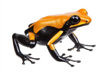 Obraz premium Vibrant orange and black frog resting on a white background, showcasing its unique colors.