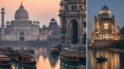 Fototapeta premium Kerala houseboats, Kolkata Victoria Memorial, and the Ajanta Caves rise from the book pages.