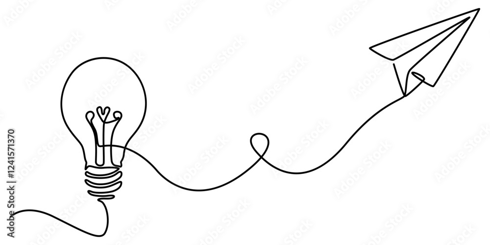 Aufkleber Paper plane flying up connected with light bulb in one continuous line drawing. Airplane in outline style. Startup business idea concept with editable stroke. Vector illustration, pro vector on white.