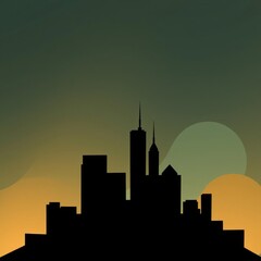 Naklejka premium Modern urban skyline at sunset with vibrant colors in sky and dramatic contrast silhouette of skyscrapers against colorful backdrop silhouetted skyline cityscape architecture illustration building cit