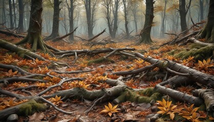 Obraz premium Dense forest floor with fallen branches and decaying leaves, dense, nature, twisted