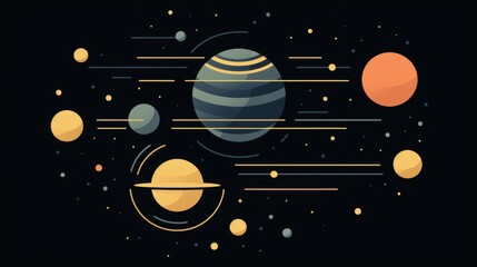 Fototapeta premium Pale neon outlines of celestial bodies planets and stars in varying sizes for depth and simplicity