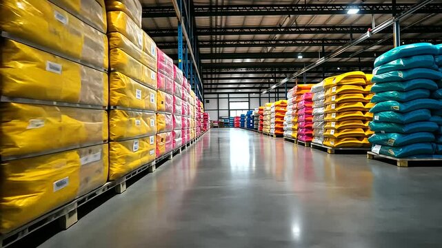 Neatly arranged stacks of insulation batts in colorful, branded packaging, filling the length of a spacious warehouse aisle with a sense of efficiency and readiness.
