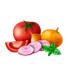 Vegetables tomatoes, onions, and fragrant green basil depicted in a watercolor composition. For sense of freshness and natural beauty. For culinary blogs, recipe books, or food-related design projects