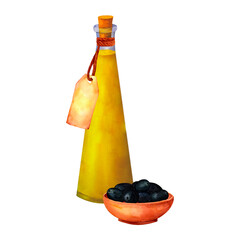 Olive oil bottle with a vintage label and a bowl of black olives, depicted in a watercolor composition rustic and natural atmosphere. Perfect for culinary blogs, packaging designs