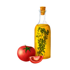 Olive oil bottle with rosemary sprigs and ripe tomatoes, depicted in watercolor composition. Mediterranean flavors and freshness. Perfect for recipe illustrations, food blogs, and packaging designs.