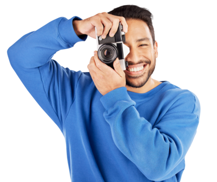 Photographer, man and smile with retro camera for photoshoot, content creation or paparazzi isolated on transparent png background. Happy asian journalist, photography skills or lens for creative art