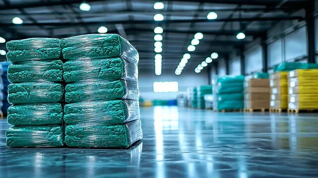 Stacks of green and blue insulation batts aligned perfectly in a brightly lit warehouse, their sleek packaging symbolizing quality and sustainability.